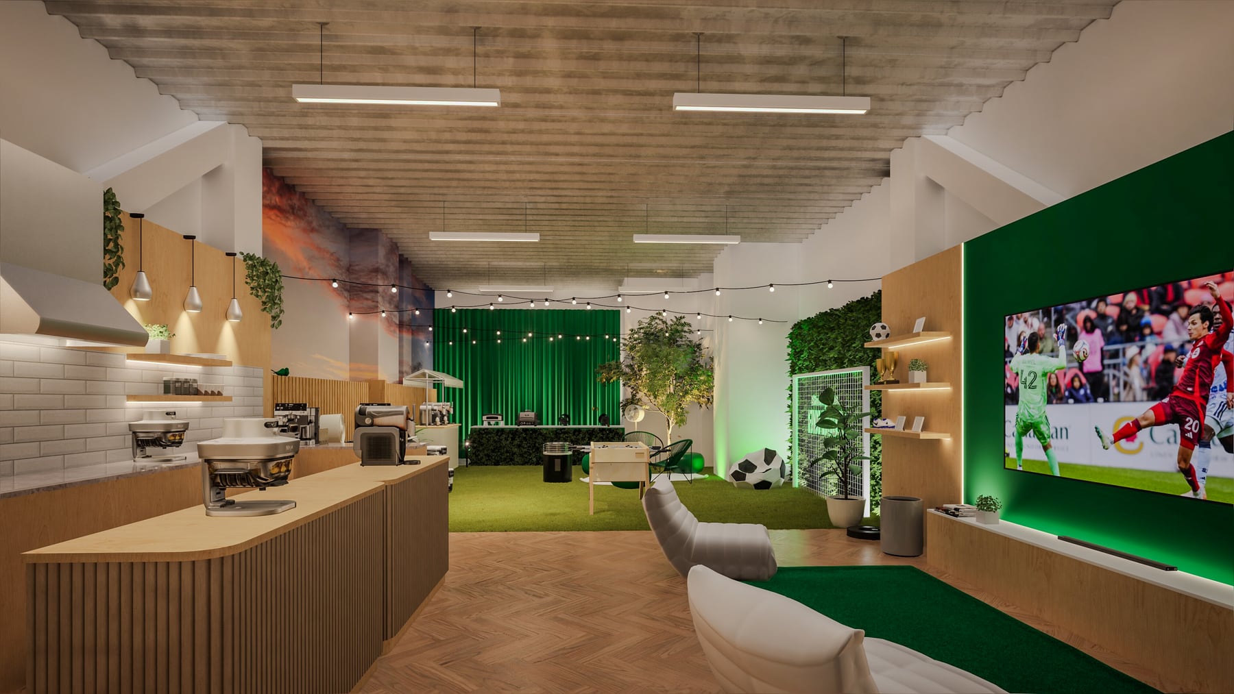 Branded event lounge with media and product areas