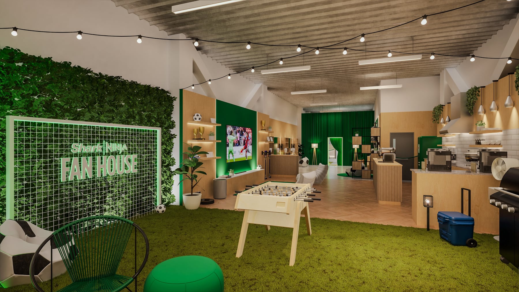Wide view of a branded event space with lounge, product, and hospitality areas