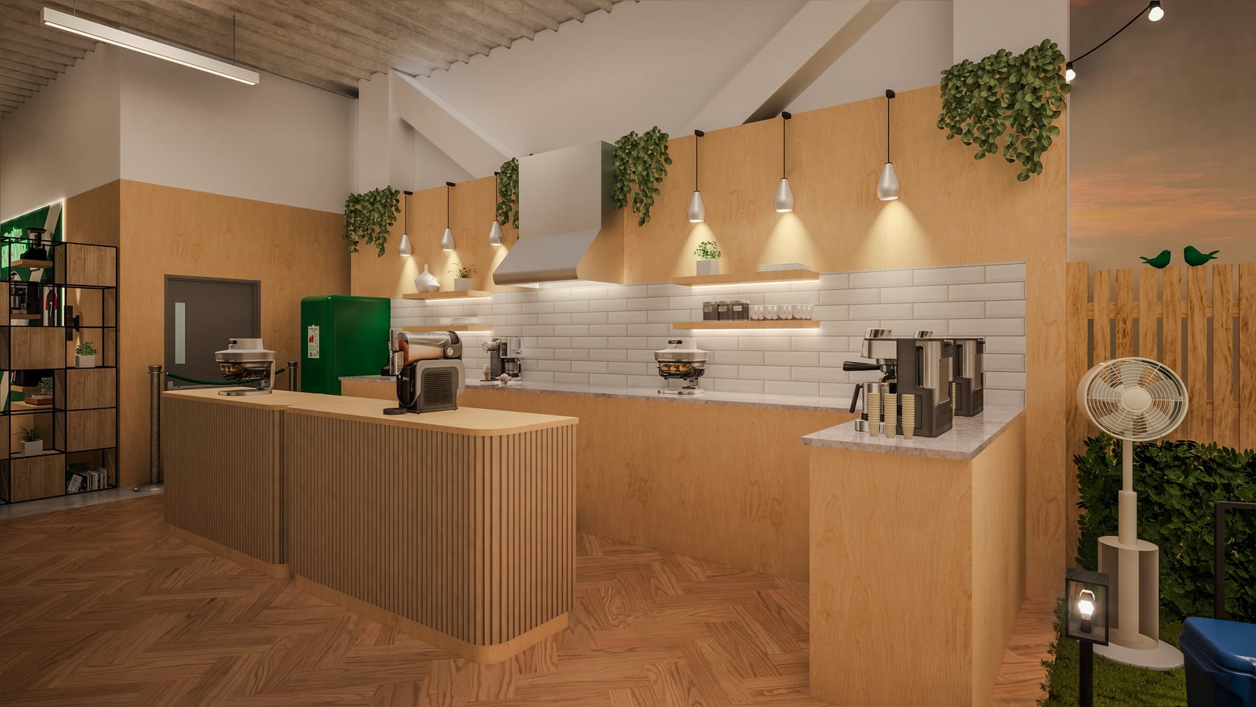 Warm wood service counter prepared for an event